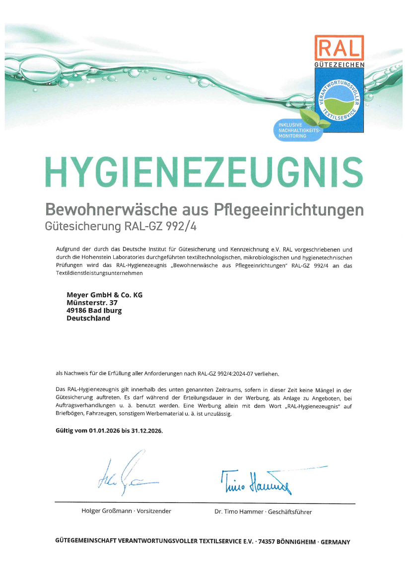 Hygienezeugnis Bewohnerwäsche