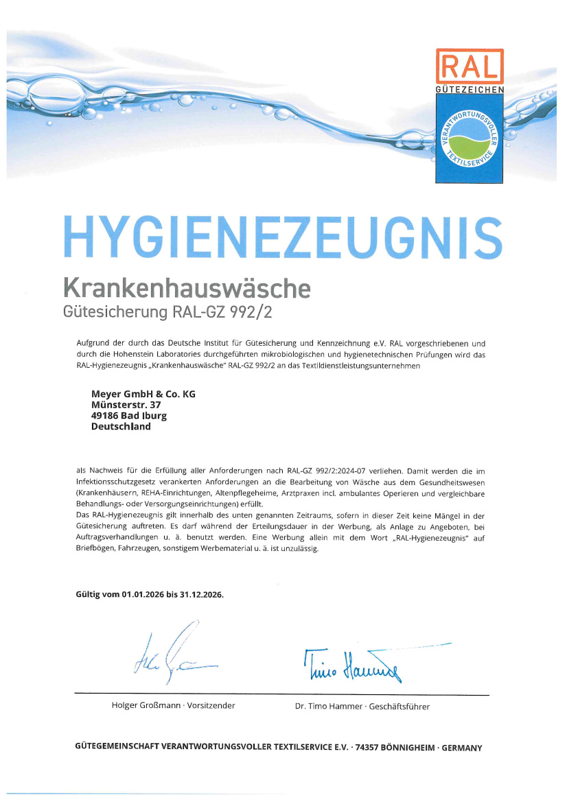 Hygienezeugnis Krankenhauswäsche